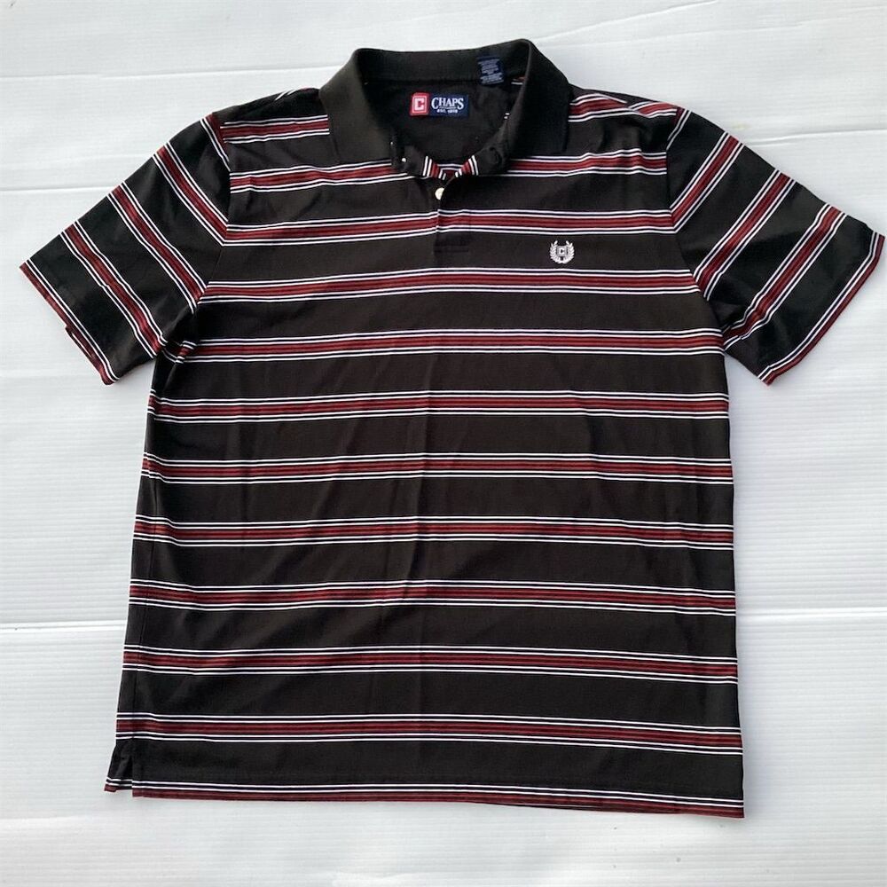 Chaps Men's Polo Shirt L Black Red Striped Short Sleeve Casual‎